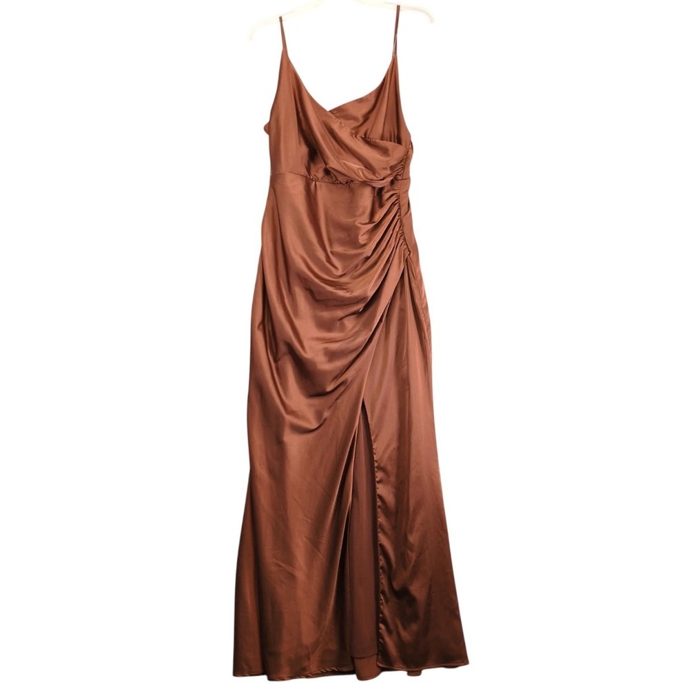 Baltic Born XL Bodycon Maxi Dress Brown Satin Ruched Slit Spaghetti Strap Glam‎